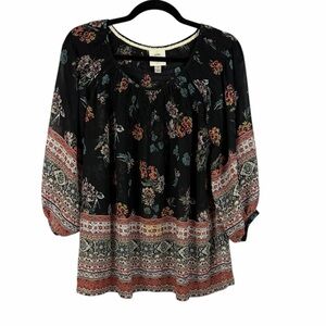 Knox Rose Boho Floral Peasant Blouse Black Border Print Long Sleeve Size Small